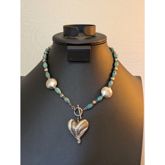 925 Textured Puff Heart Pillow Square & Turquoise Bead Toggle Clasp Necklace - Picture 6 of 6